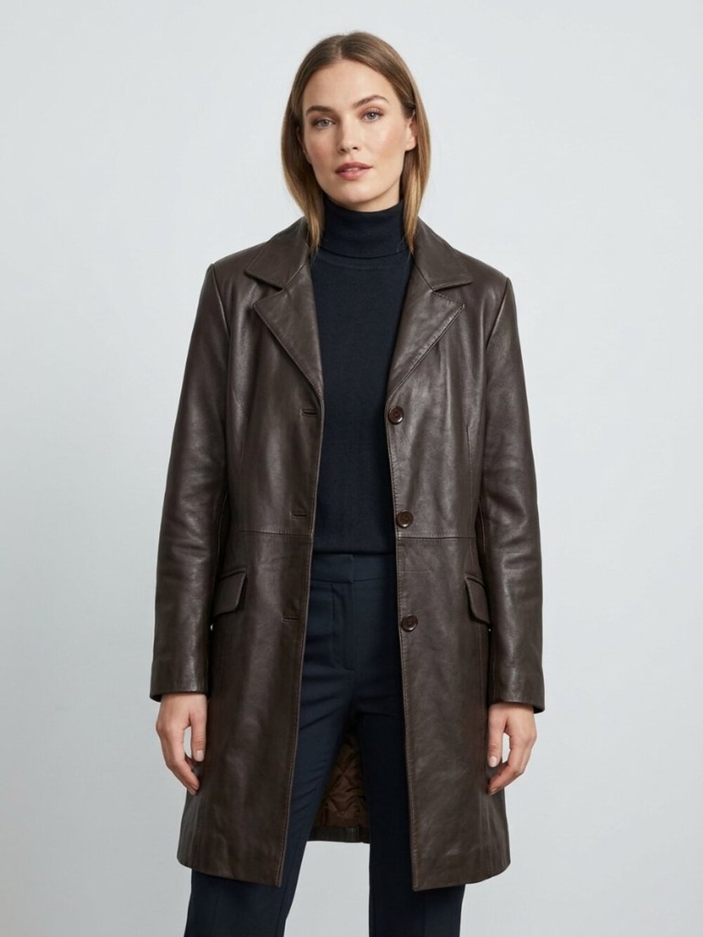 Beautiful Vintage Dark Brown Woman's Leather Coat with Pockets
